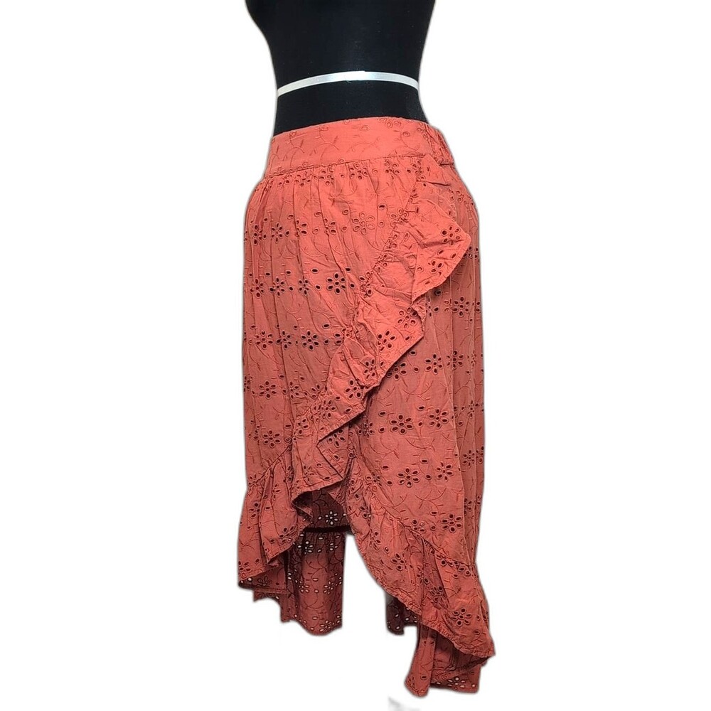Ryegrass Eyelet High-Low Ruffle Skirt in Foxtail Orange